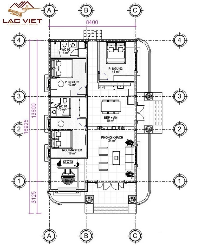 Bản vẽ biệt thự 1 tầng 3 phòng ngủ