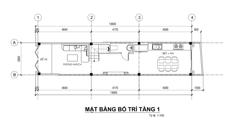 Mặt bằng tầng 1 theo tỷ lệ 1:100