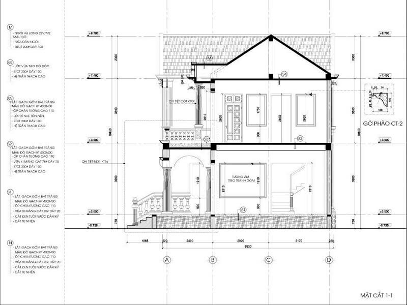 Bản vẽ mặt cắt 1-1 của ngôi nhà