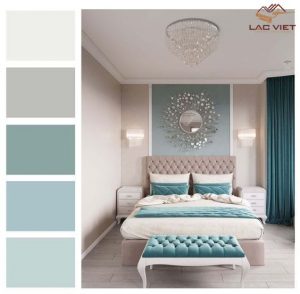 Phòng ngủ xanh ngọc được kết hợp màu sắc cầu kỳ